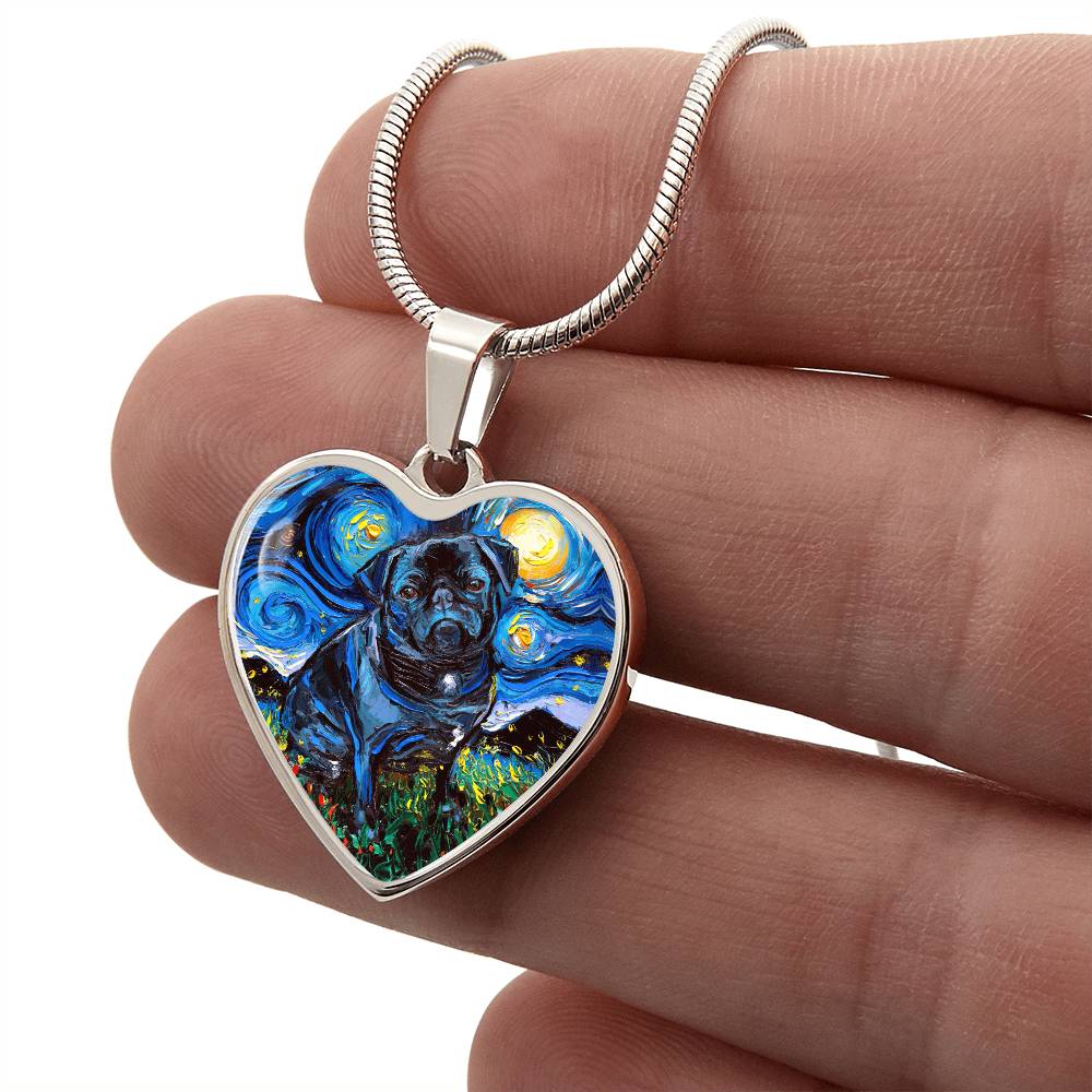 Black Pug Starry Night Heart Pendant