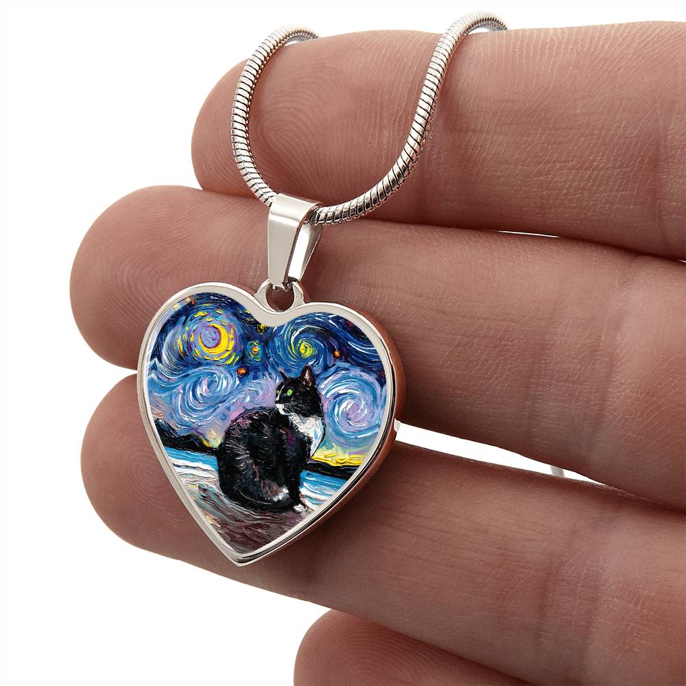 Tuxedo Cat with Green Eyes and White up nose Starry Night Heart Necklace