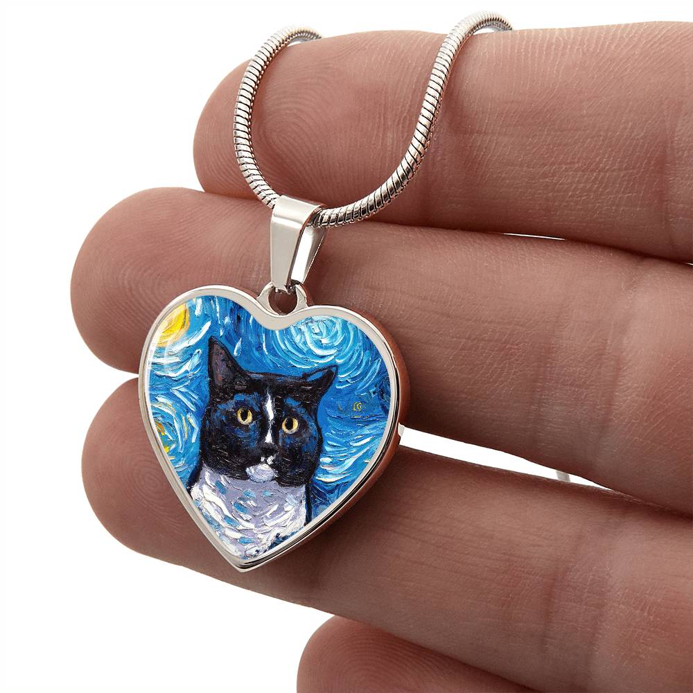 Tuxedo Cat Portrait Starry Night Heart Necklace