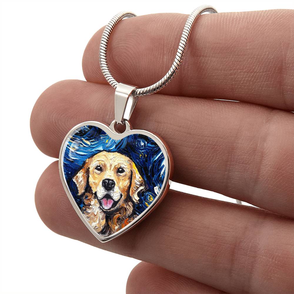 Golden Retriever Portrait Starry Night Heart Necklace
