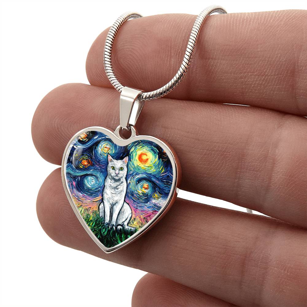 Seated White Cat Starry Night Heart Necklace