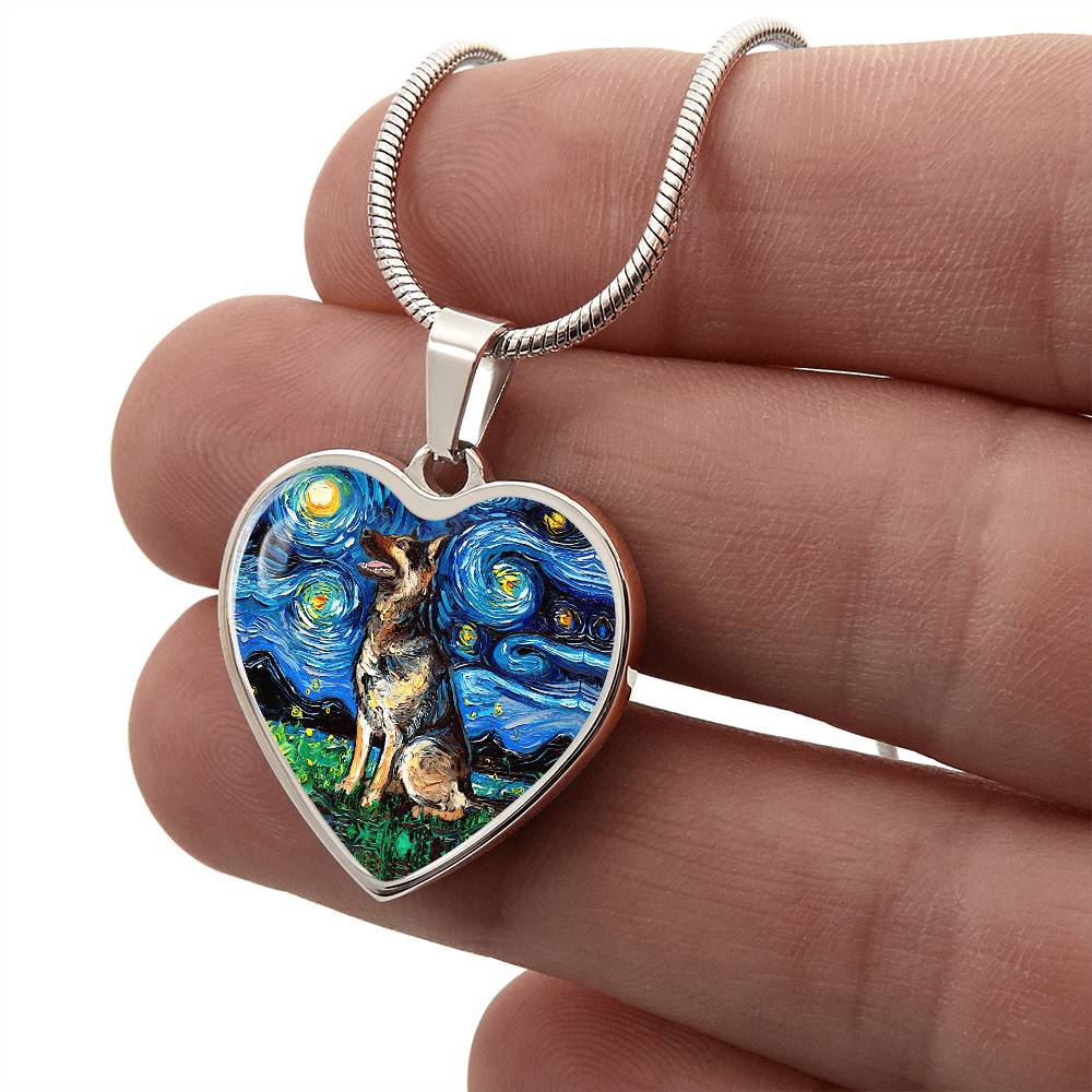 German Shepherd Starry Night Heart Necklace