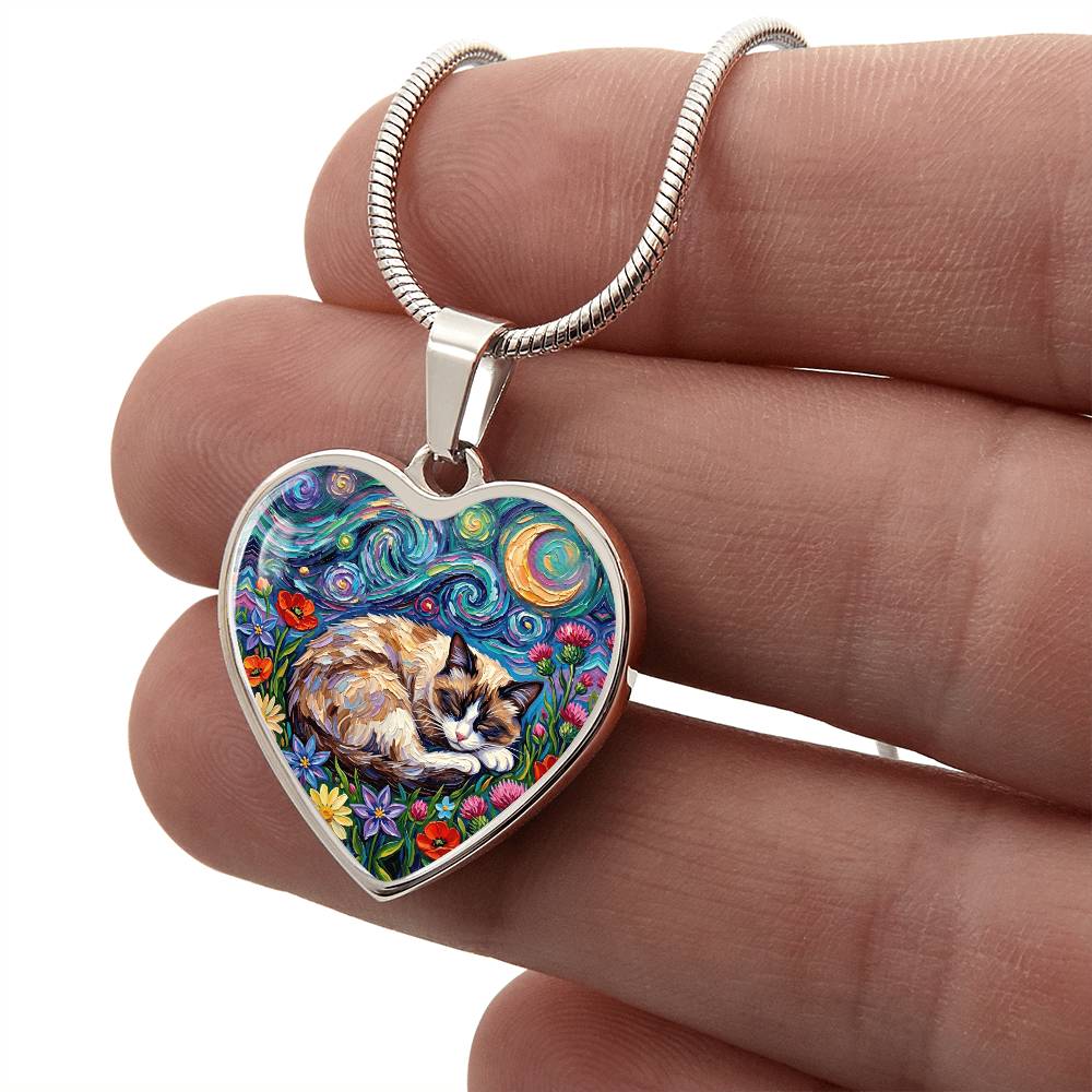 Sleepy Snowshoe Cat Night Heart Necklace