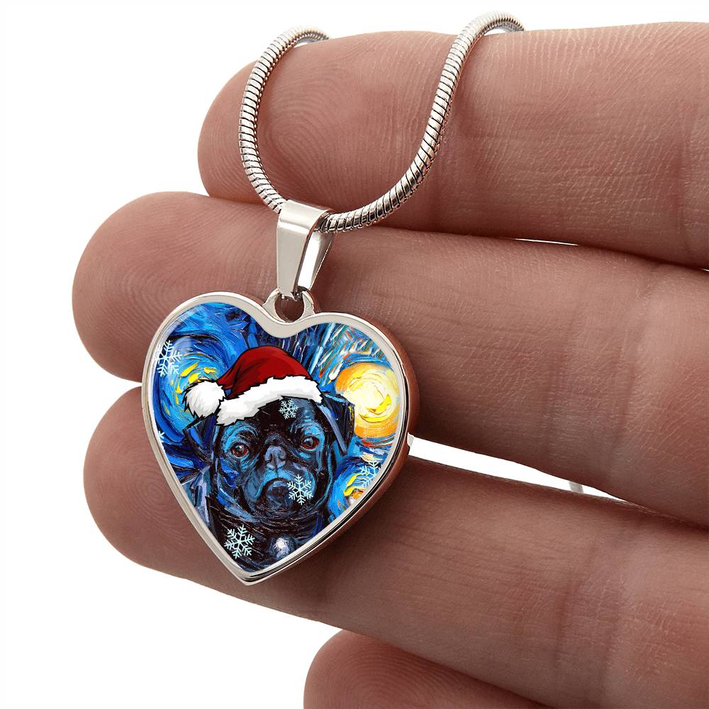 Santa Black Pug Heart Necklace