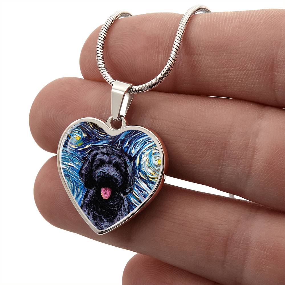 Black Goldendoodle Portrait Starry Night Heart Necklace