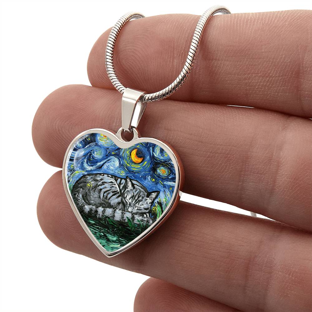 Sleeping Gray Tabby Cat Starry Night Heart Necklace