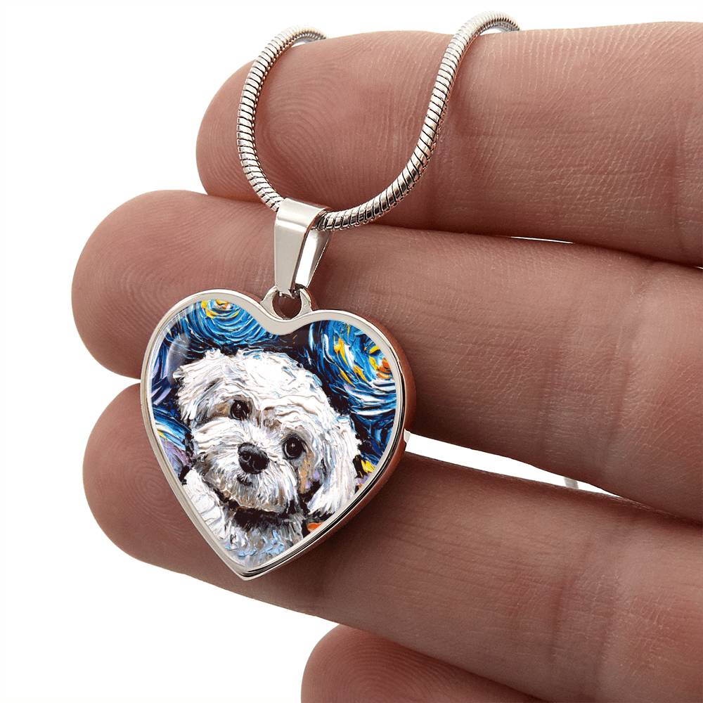 Maltipoo Portrait Starry Night Heart Necklace