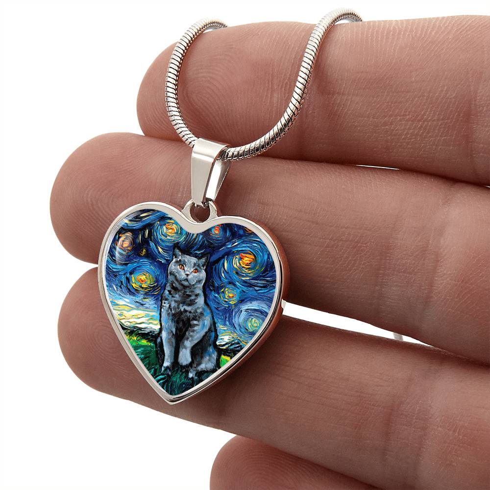 Blue British Shorthair Starry Night Heart Necklace