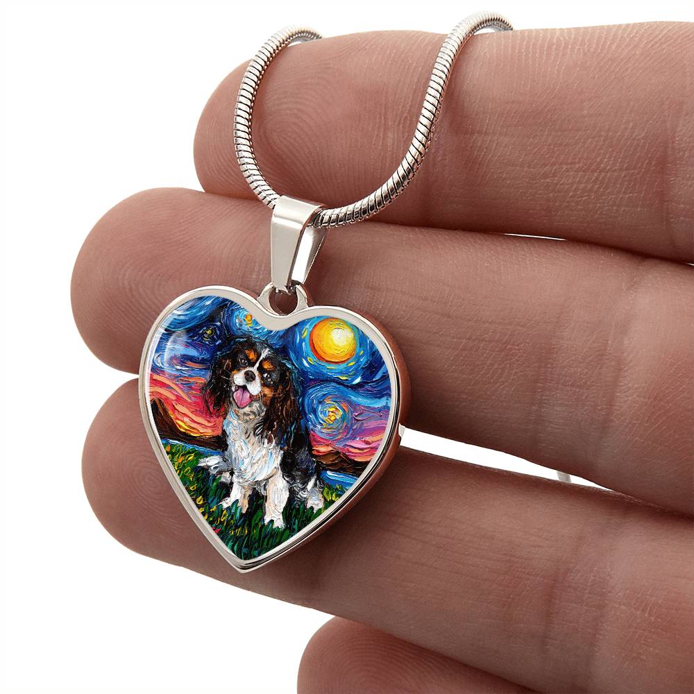 Tri Color Cavalier King Charles Spaniel Starry Night Heart Necklace