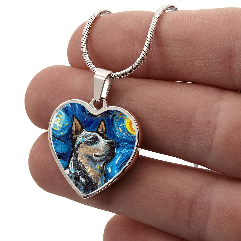 Blue Heeler Portrait Starry Night Heart Necklace