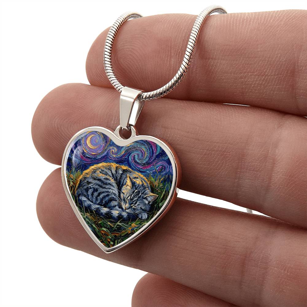 Sleepy American Shorthair Tabby Heart Necklace