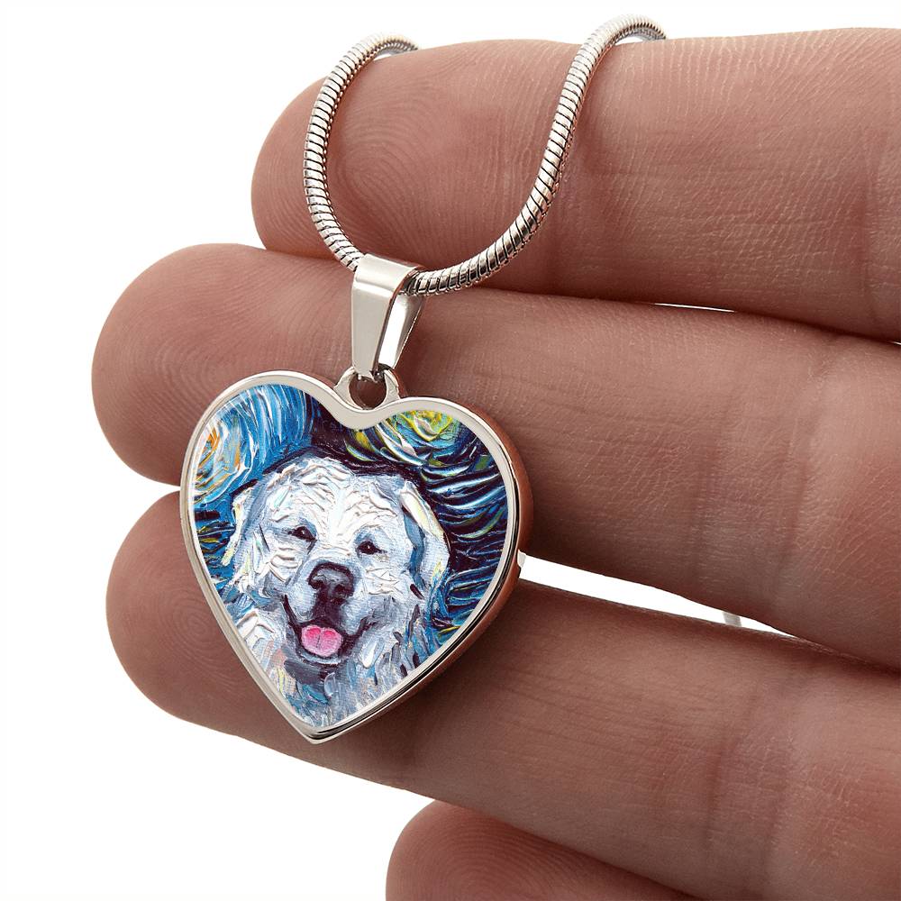 Great Pyrenees Portrait Starry Night Heart Necklace