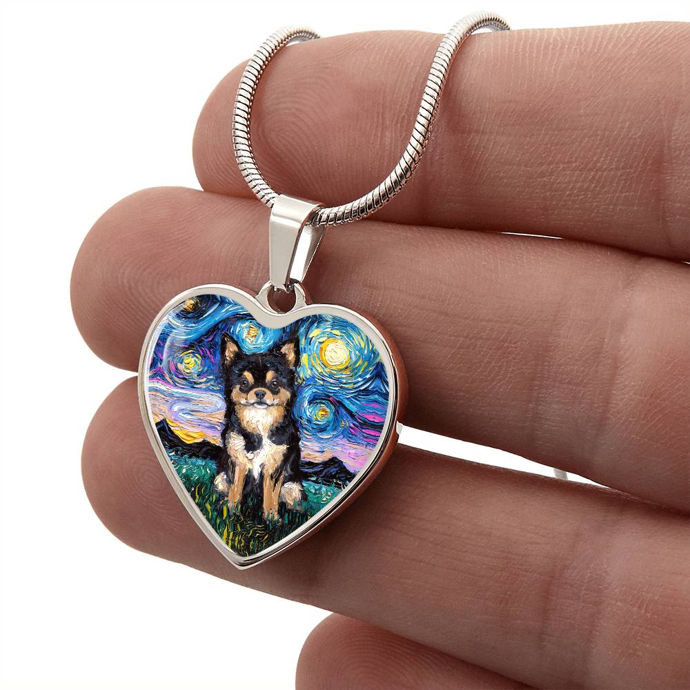 Long Hair Black and Tan Chihuahua Starry Night Heart Necklace