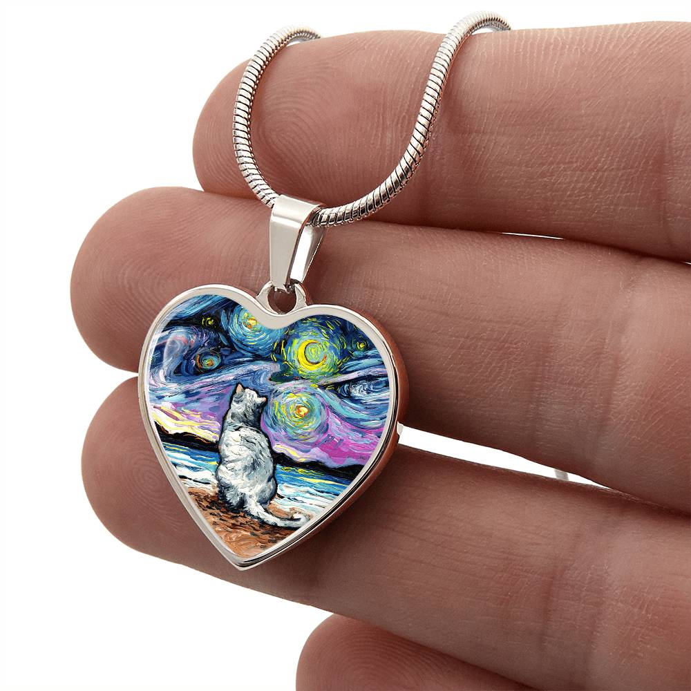 White Cat Beach Starry Night Heart Necklace
