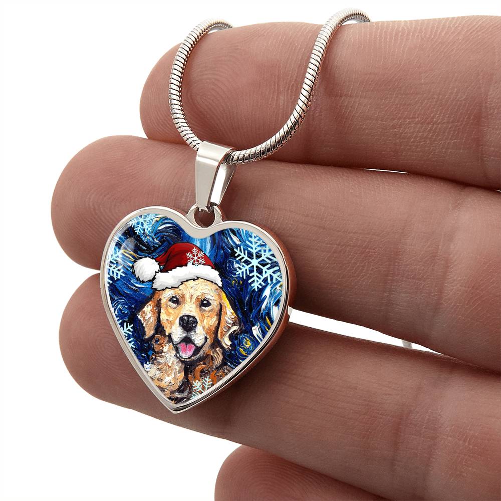 Golden Retriever in Santa Hat Starry Night Heart Necklace