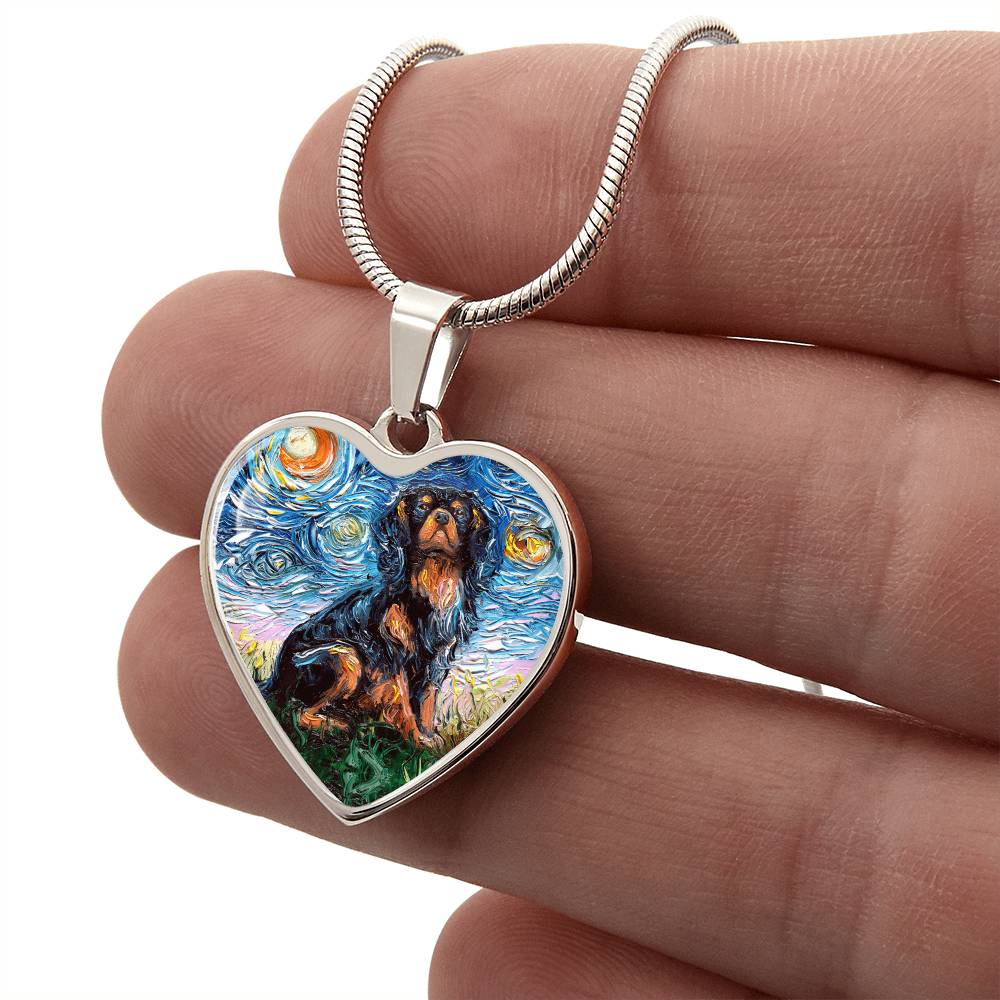 Black and Tan Cavalier King Charles Spaniel Starry Night Heart Necklace