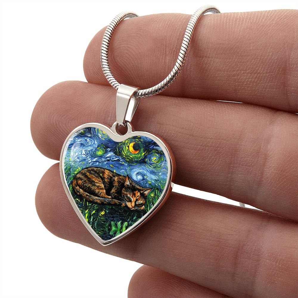 Sleepy Tortie Starry Night Heart Necklace