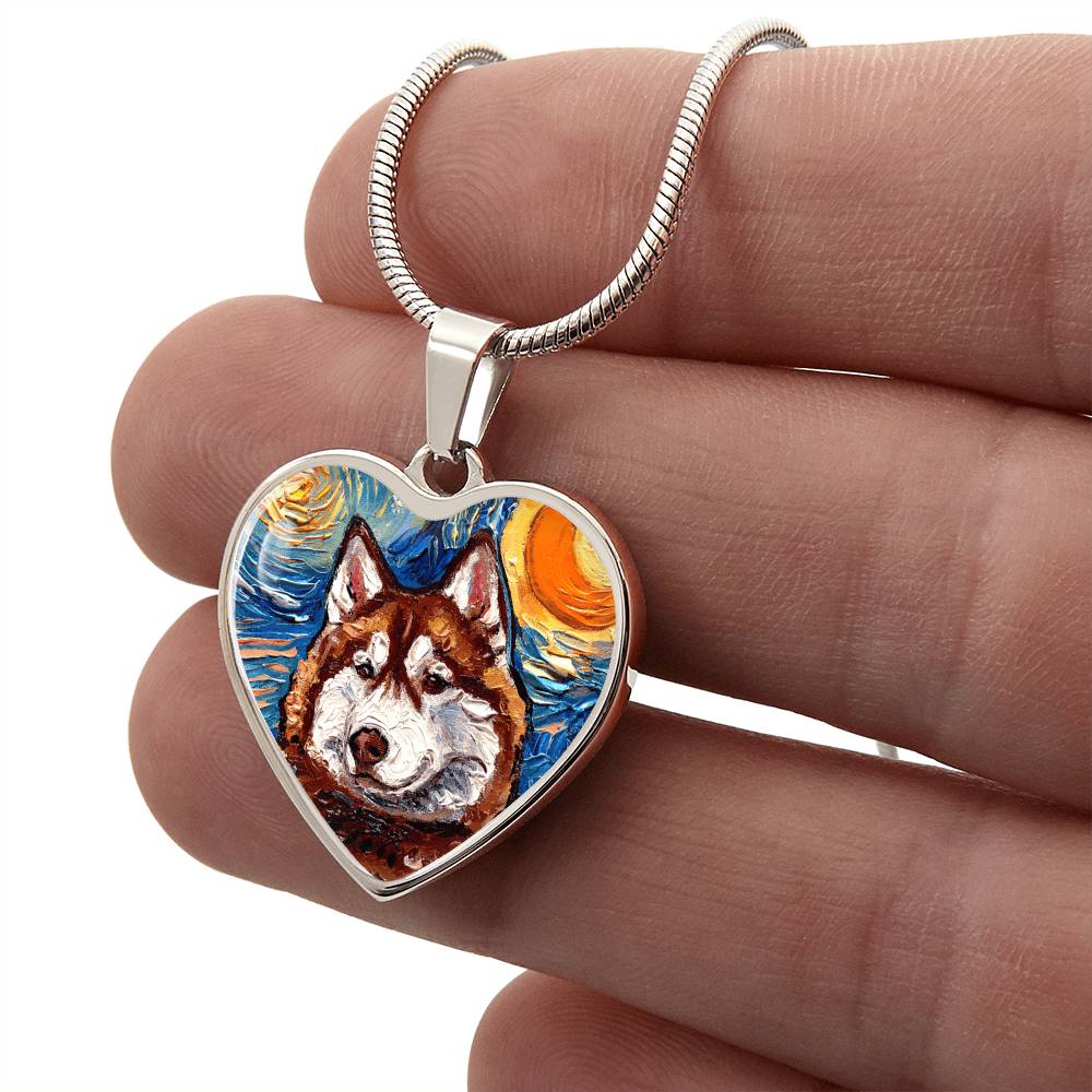 Red and White Husky Portrait Starry Night Heart Necklace