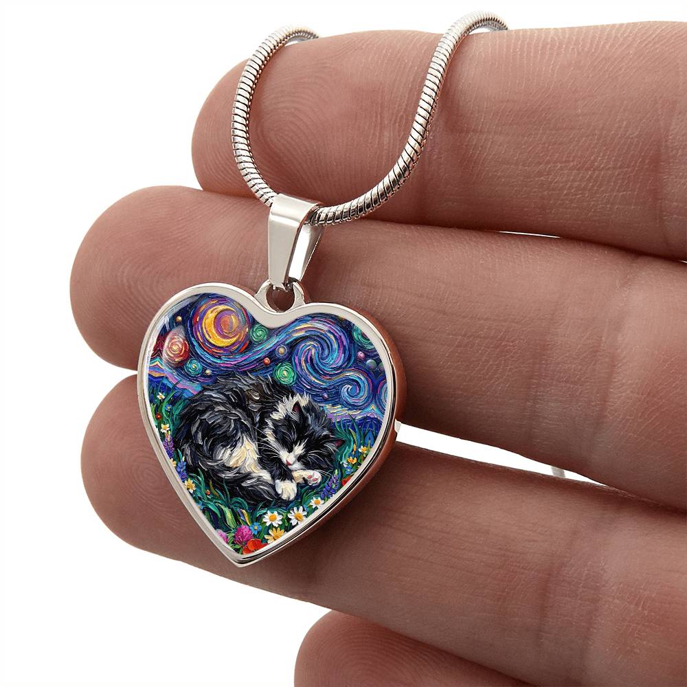 Sleepy Long Hair Tuxedo Heart Necklace