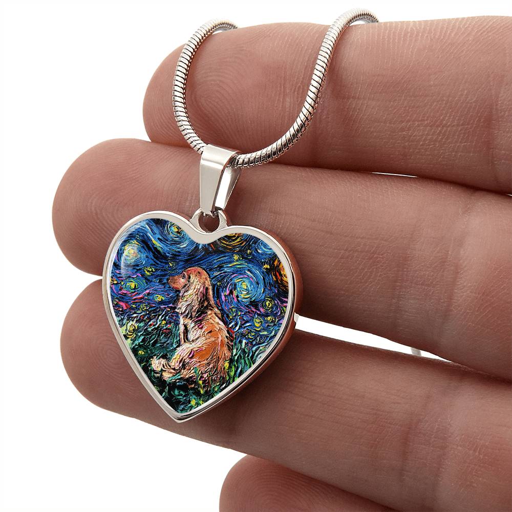 Brown Long Hair Dachshund Starry Night Heart Necklace