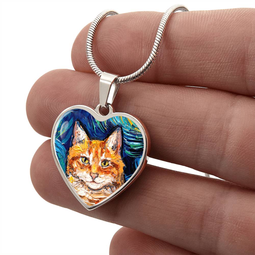 Orange Tabby Cat Portrait Starry Night Heart Necklace