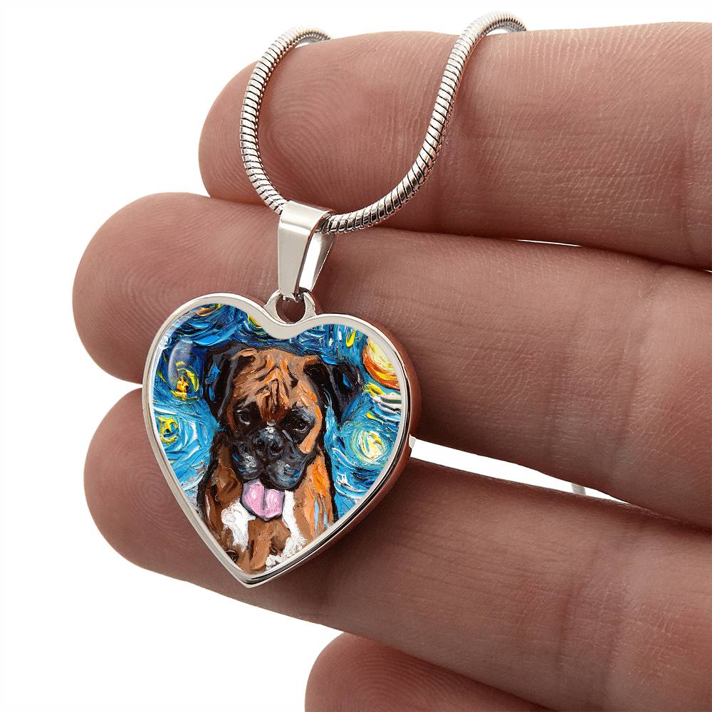 Boxer Portrait Starry Night Heart Necklace