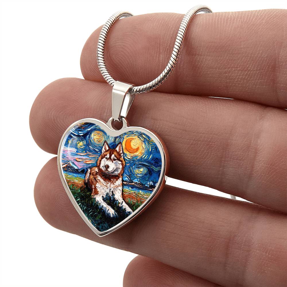 Red and White Husky Starry Night Heart Necklace