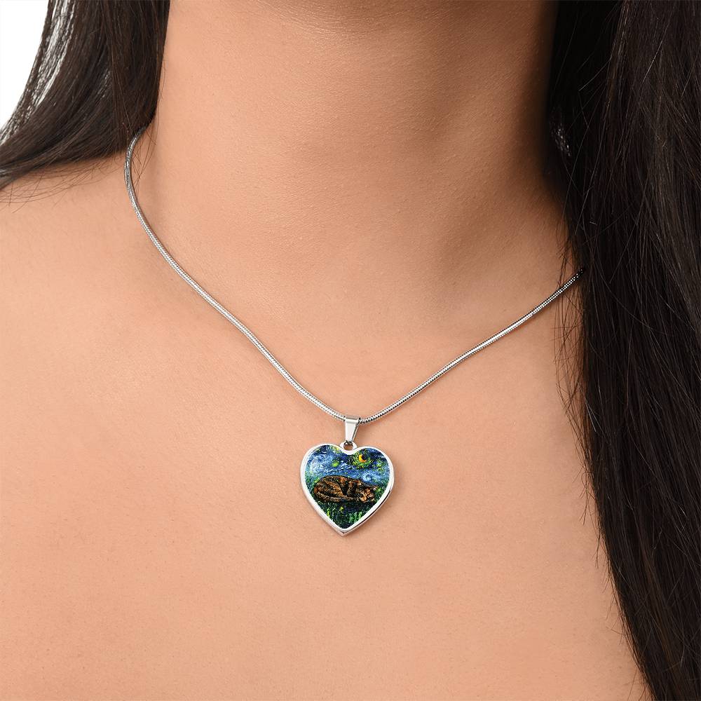 Sleepy Tortie Starry Night Heart Necklace