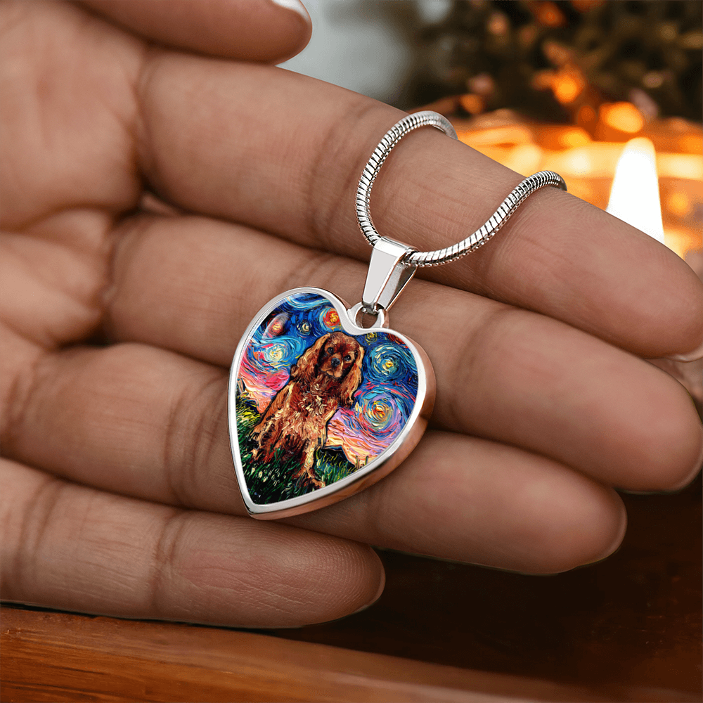 Ruby Cavalier King Charles Spaniel Starry Night Heart Necklace
