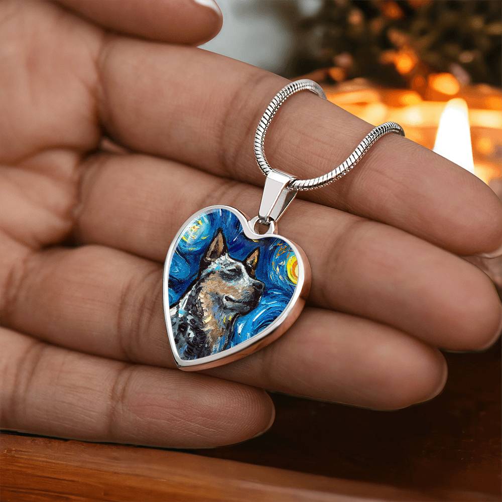 Blue Heeler Portrait Starry Night Heart Necklace