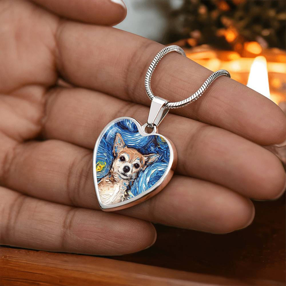 Chihuahua Portrait Starry Night Heart Necklace