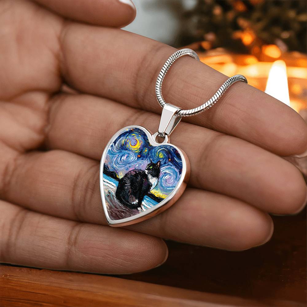 Tuxedo Cat with Green Eyes and White up nose Starry Night Heart Necklace