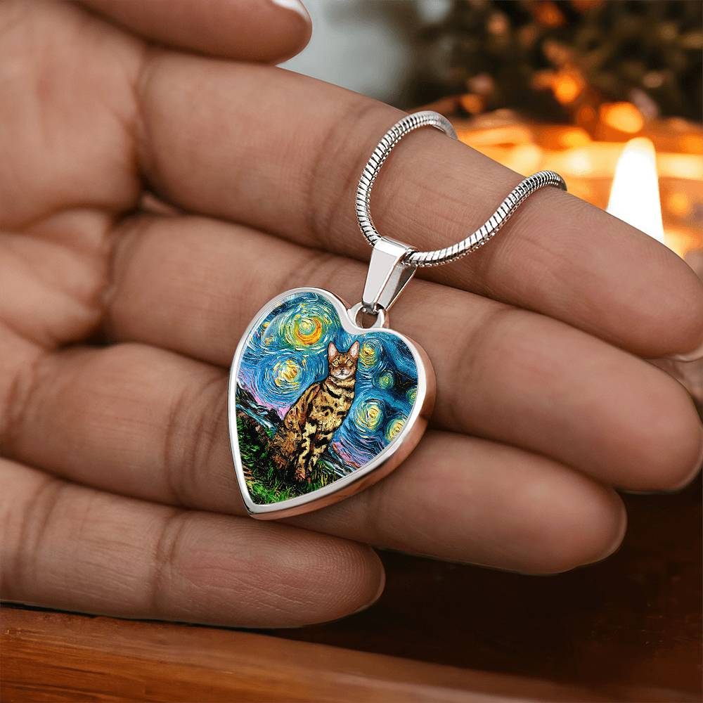 Bengal Cat Starry Night Heart Necklace