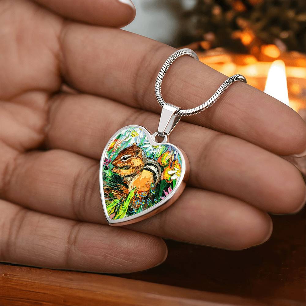 Chipmunk in Spring Garden Heart Necklace