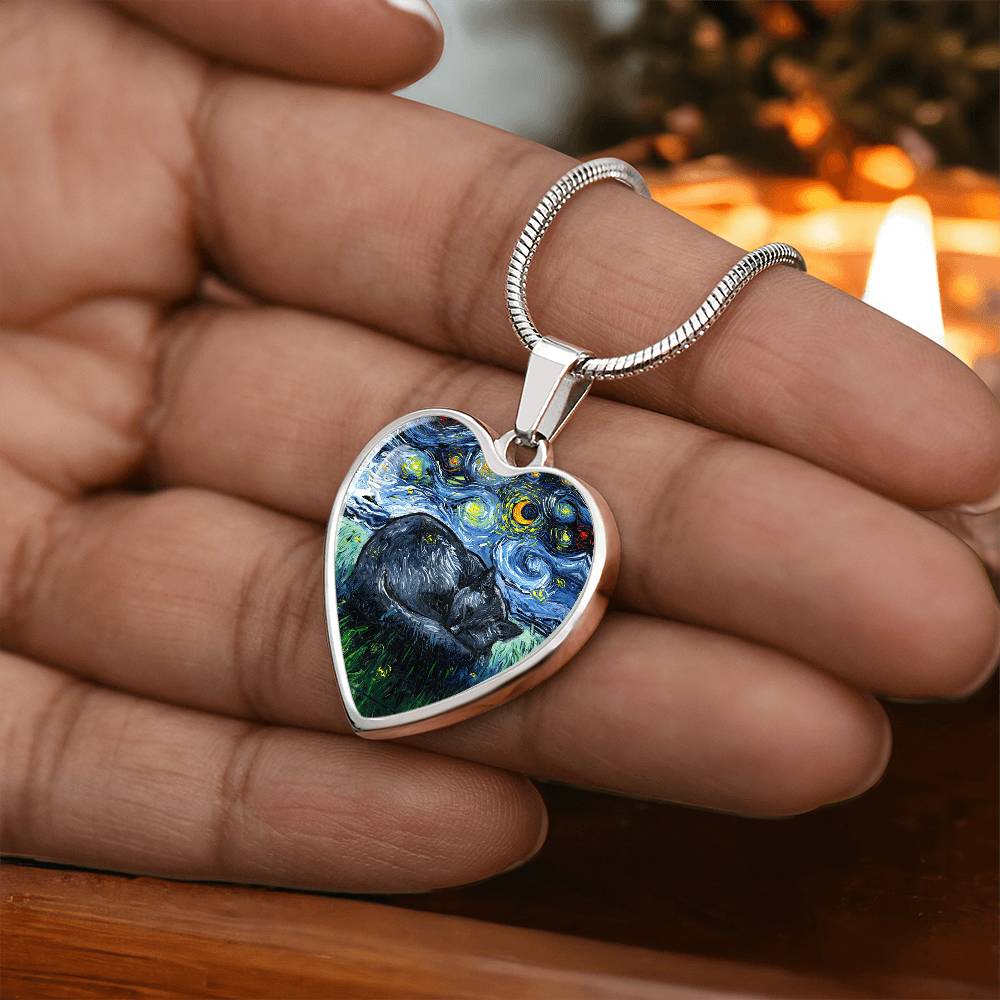 Sleeping Black Cat Starry Night Heart Necklace