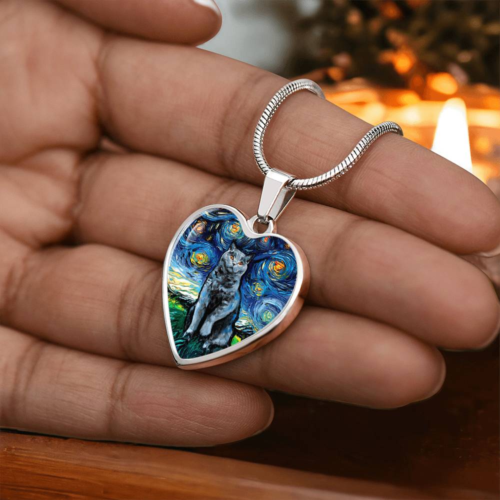 Blue British Shorthair Starry Night Heart Necklace