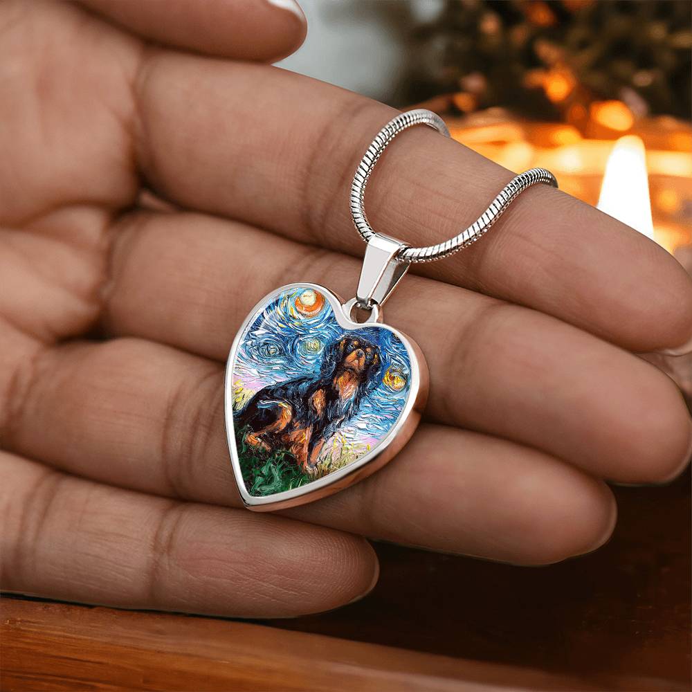 Black and Tan Cavalier King Charles Spaniel Starry Night Heart Necklace