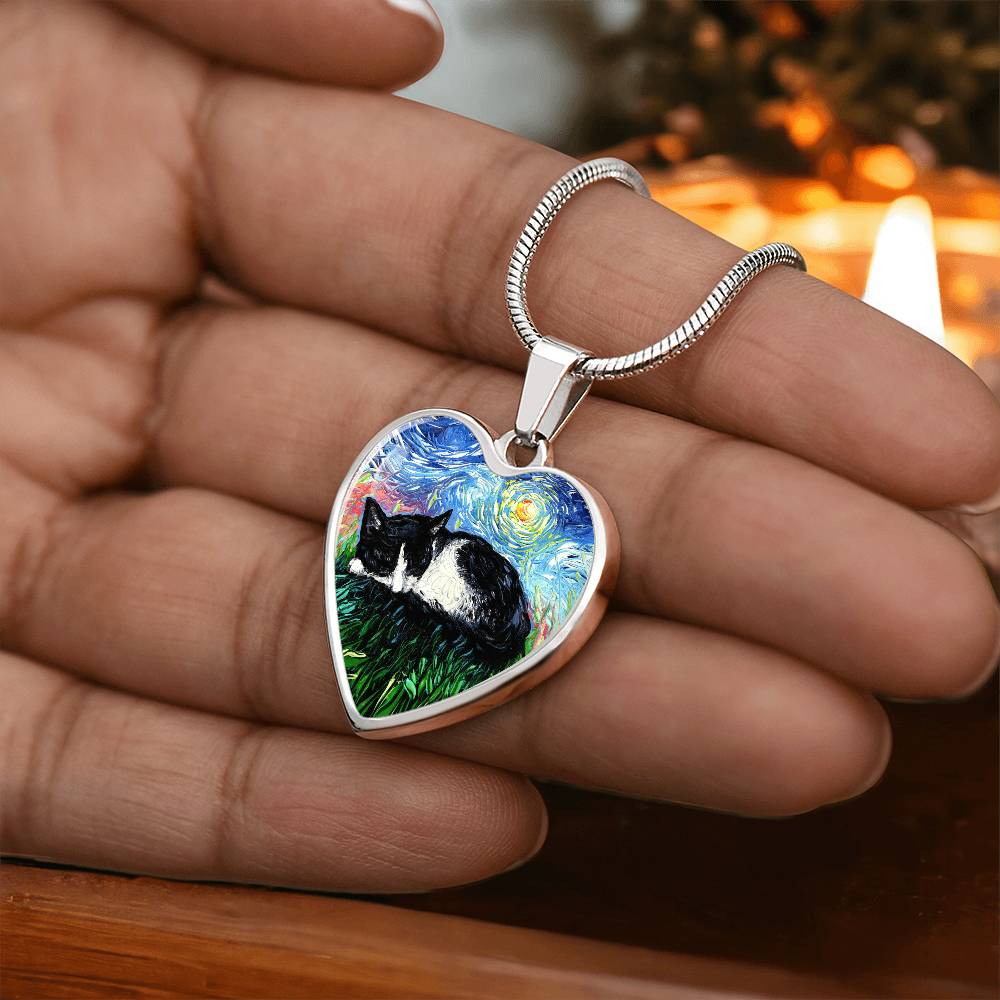 Sleepy Tuxedo Kitten Starry Night Heart Necklace