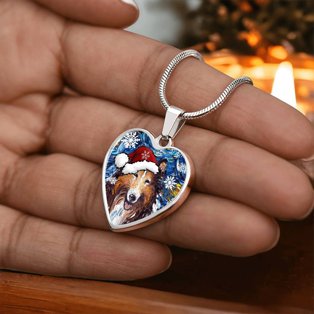 Collie In Santa Hat Starry Night Heart Necklace