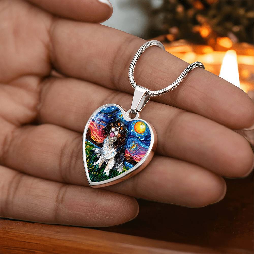 Tri Color Cavalier King Charles Spaniel Starry Night Heart Necklace