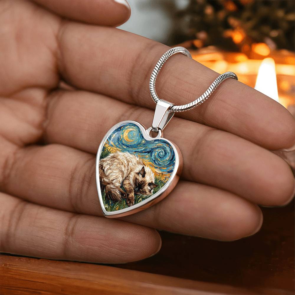 Sleepy Birman Night Heart Necklace