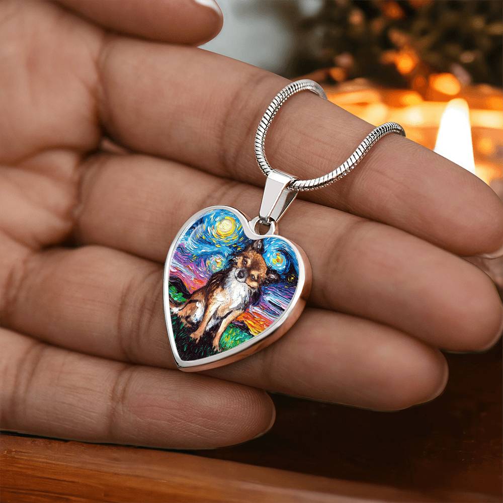 Long Hair Brown Chihuahua Starry Night Heart Necklace