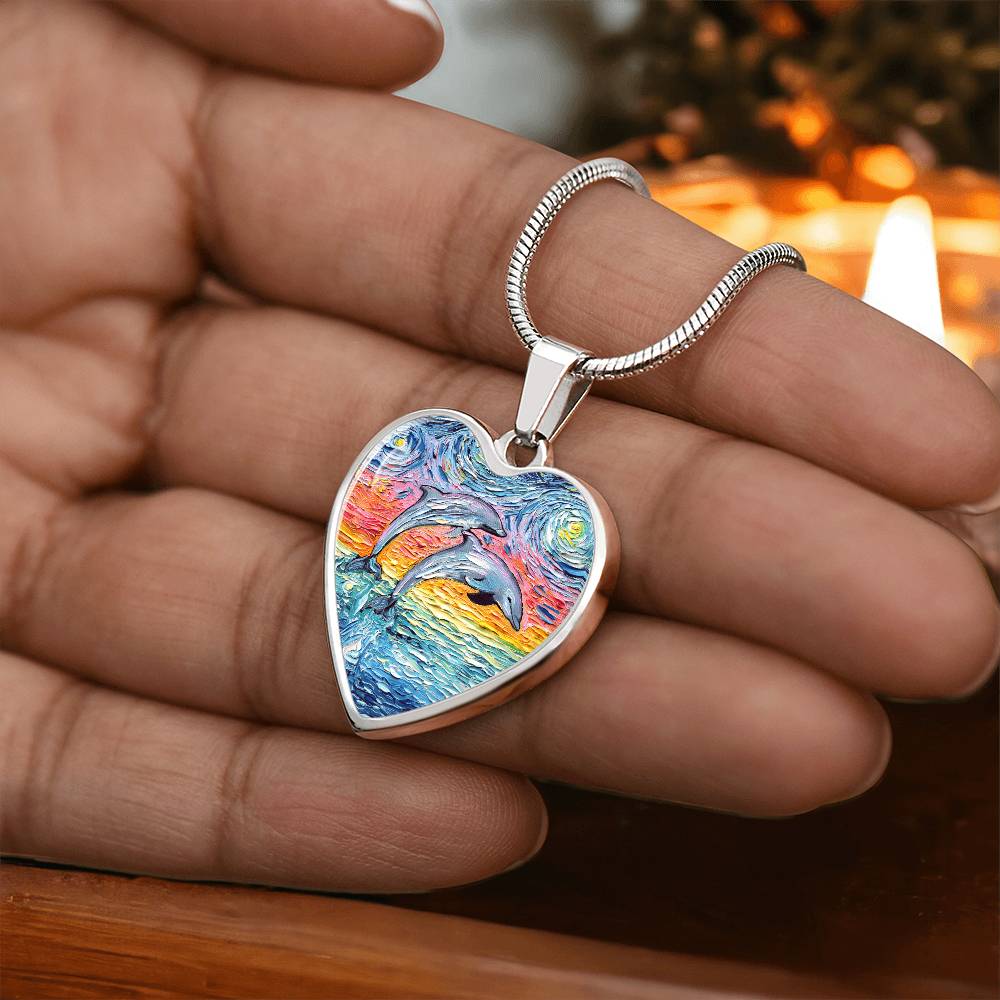 Dolphins Jumping Pastel Starry Night Heart Necklace