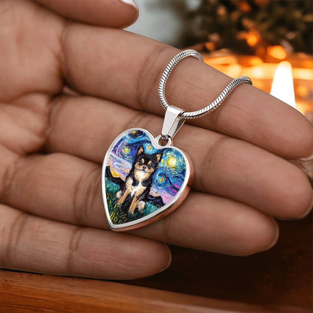 Long Hair Black and Tan Chihuahua Starry Night Heart Necklace