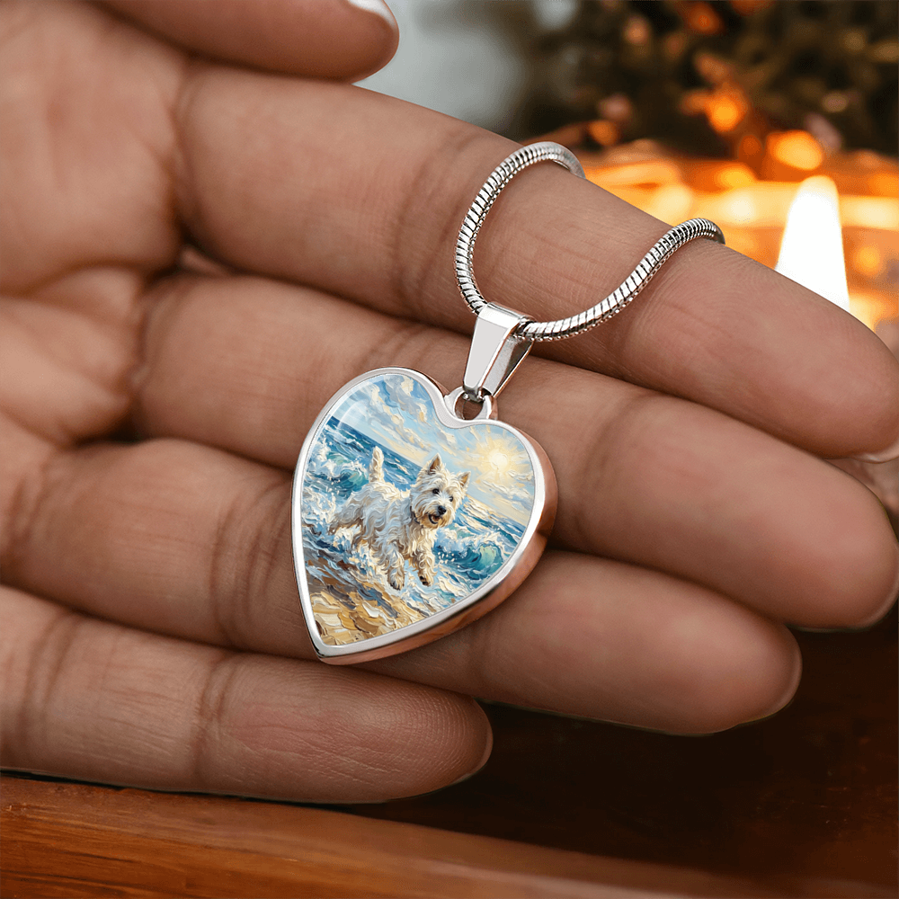 Frolicking Westie at the Beach Heart Necklace