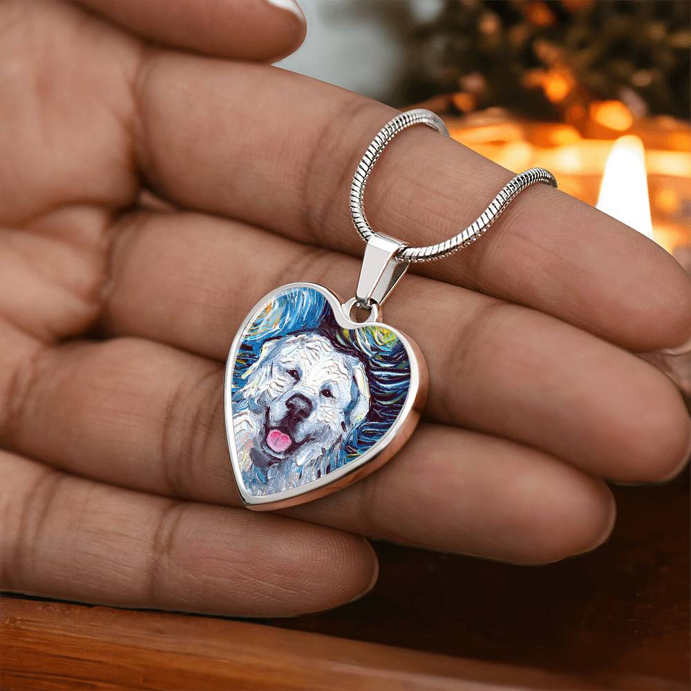 Great Pyrenees Portrait Starry Night Heart Necklace