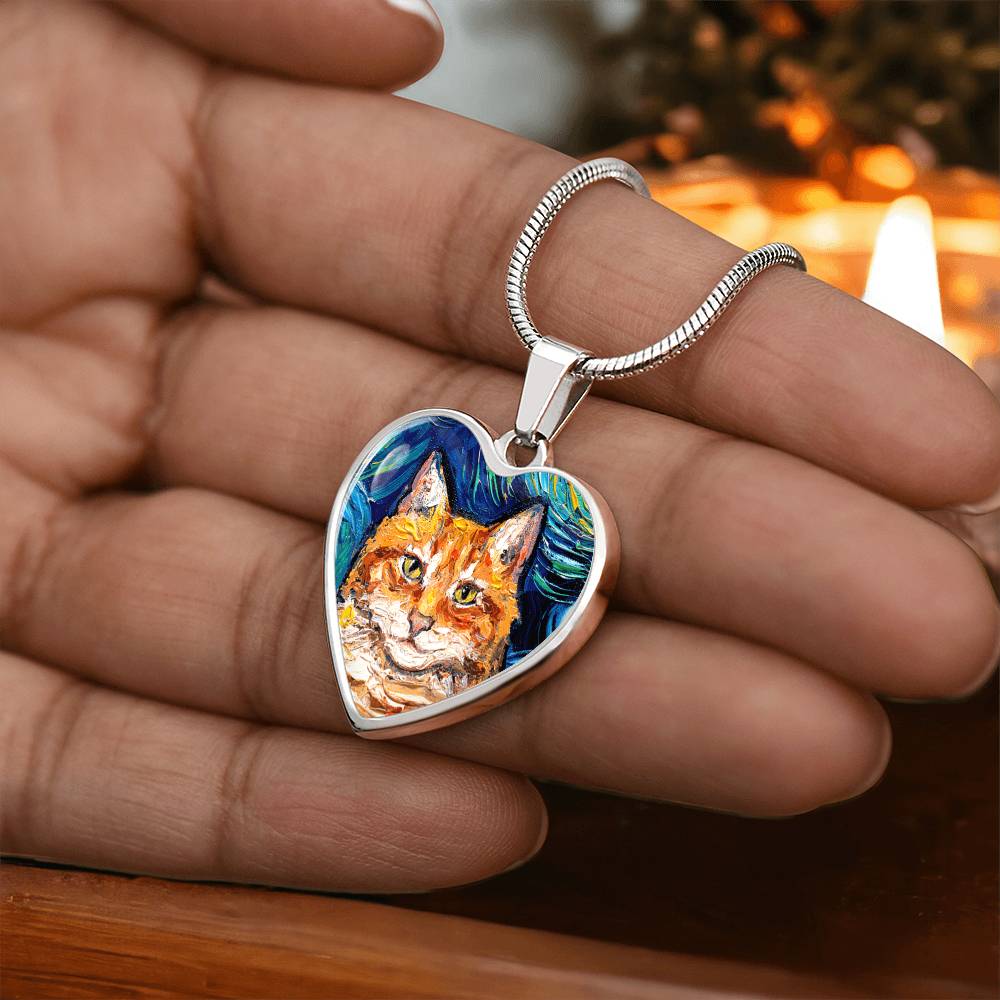Orange Tabby Cat Portrait Starry Night Heart Necklace