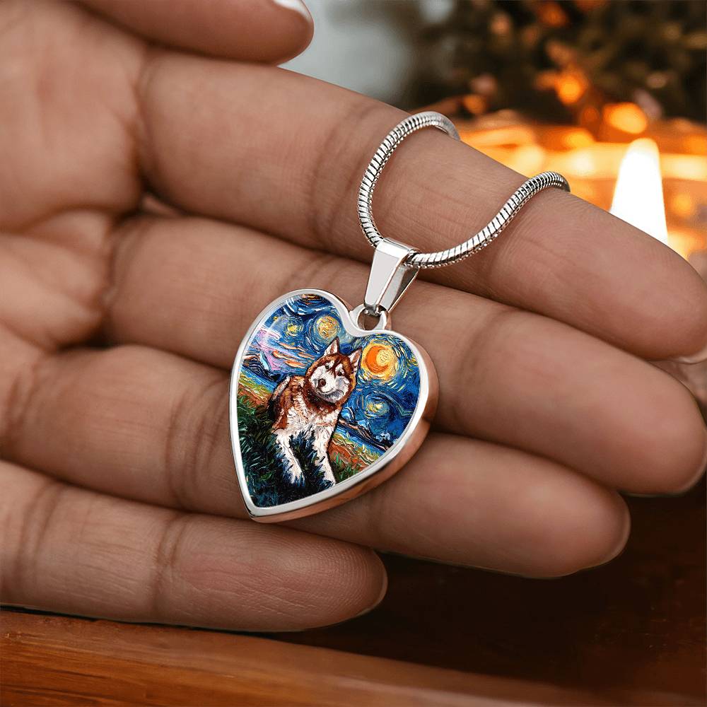 Red and White Husky Starry Night Heart Necklace