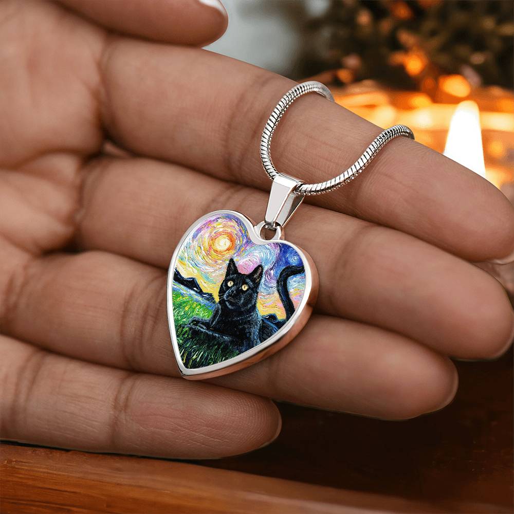 Black Cat and Sunset Starry Night Heart Necklace