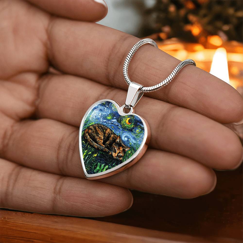 Sleepy Tortie Starry Night Heart Necklace